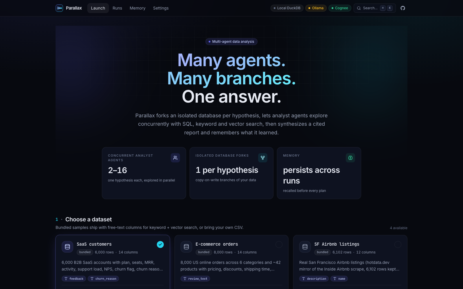 Launch page: hero, live mode badges, and dataset cards for SaaS customers, e-commerce orders and SF Airbnb listings.