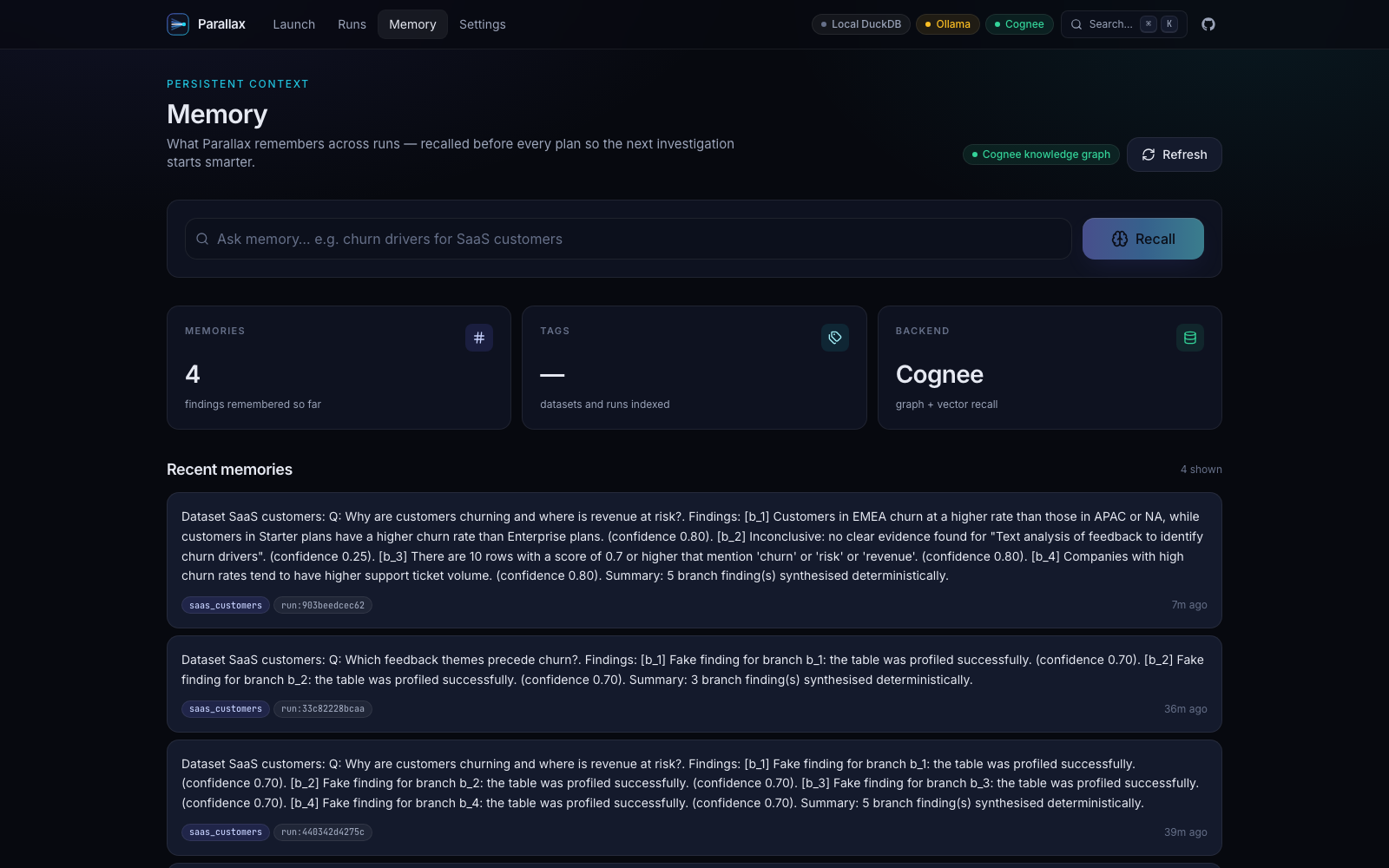Memory page: recall search box, stats tiles for memories, tags and backend (Cognee), and a list of recent memories with dataset and run tags.