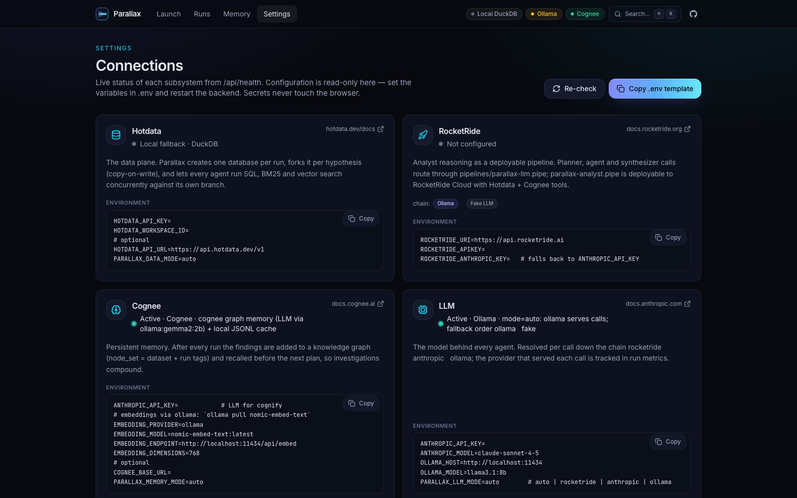 Connections settings page: cards for Hotdata, RocketRide, Cognee and LLM with live status and the environment variable names to set.