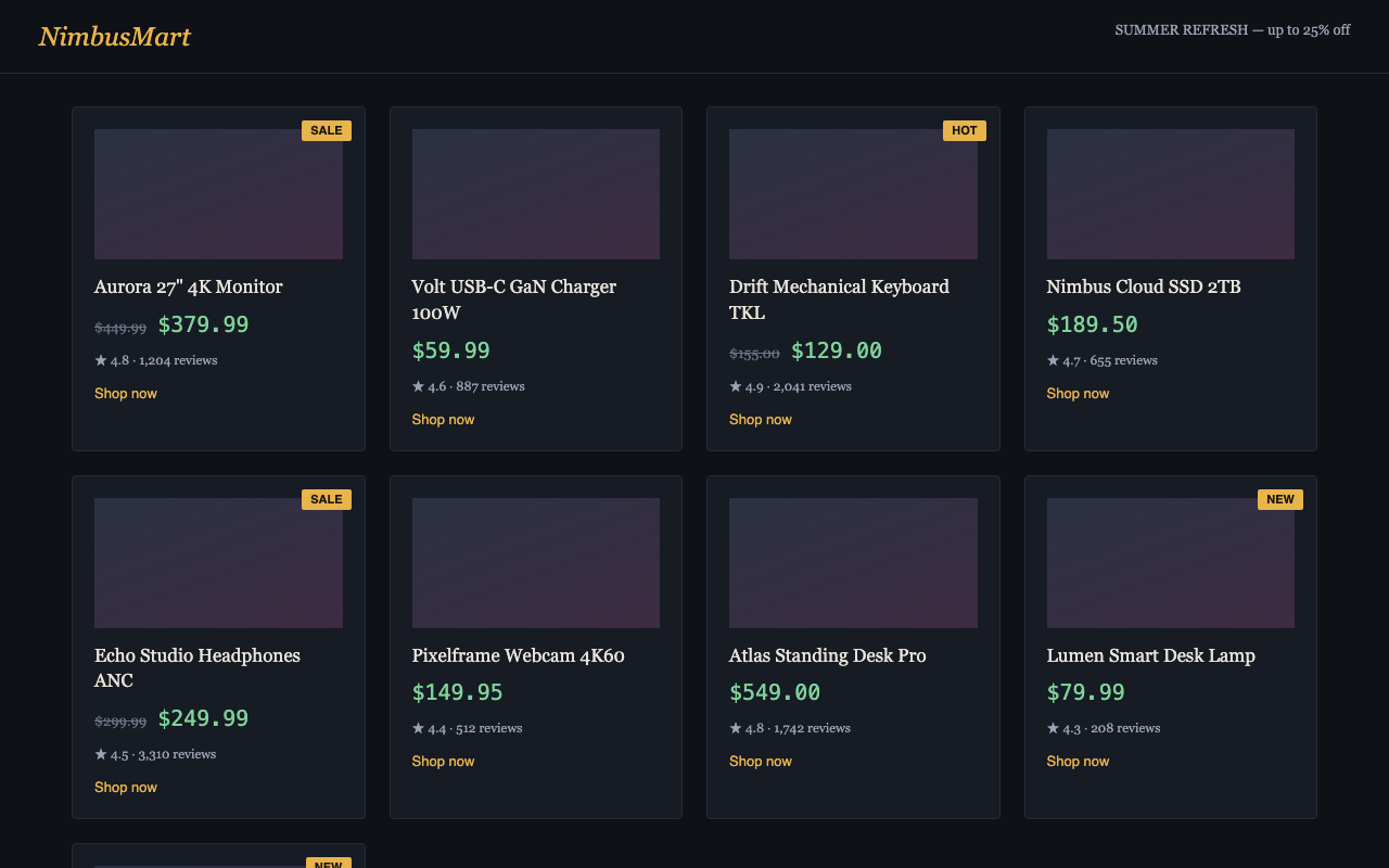 NimbusMart era v2: dark redesigned product grid where every class name has changed