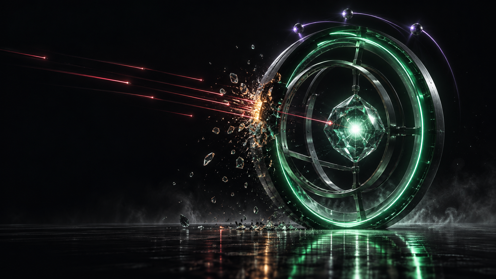 Cinematic concept art of red attack beams striking a luminous green gate around a crystalline core.